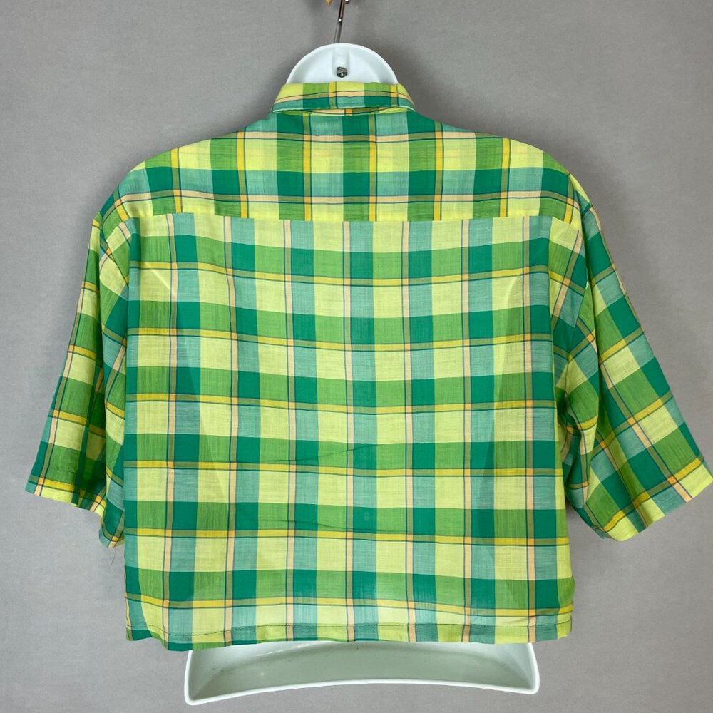 Vintage‎ Plaid Shirt DIY Crop Green Yellow FLAWS Lightweight Button-Up Crop Top - Picture 2 of 16